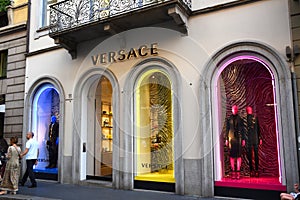 Versace store facade and displays in the fashion district of Milan